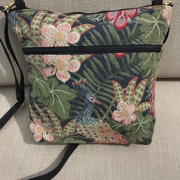 Peacock Bird Vegan Leather Small Brown Crossbody Bag  Embroidered Peacock Cross-body Purse